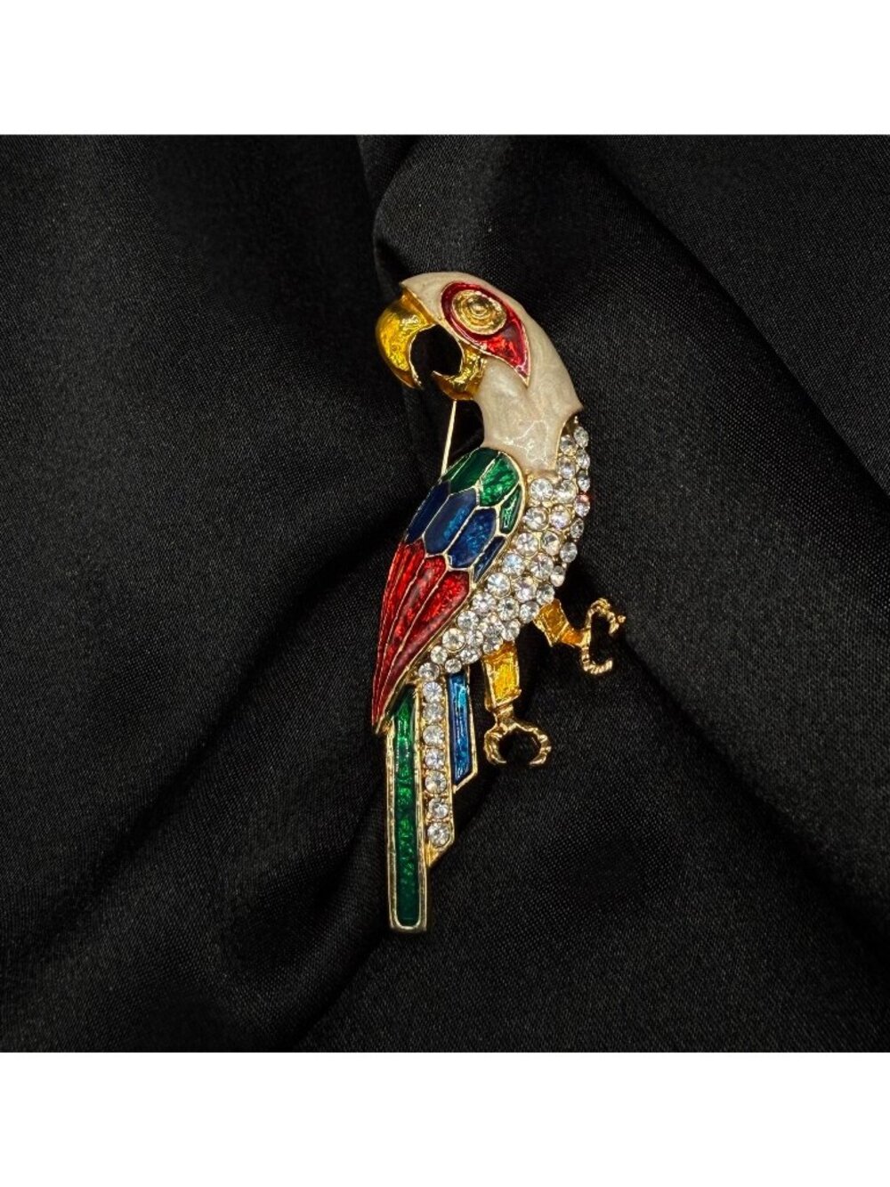 Vintage 1990s Colorful Rhinestone Parrot Brooch Pin Gold-Tone Enamel Jewelry